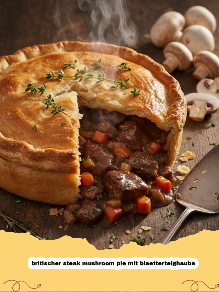 Ein goldbraun gebackener britischer steak mushroom pie mit blaetterteighaube in einer Keramikform