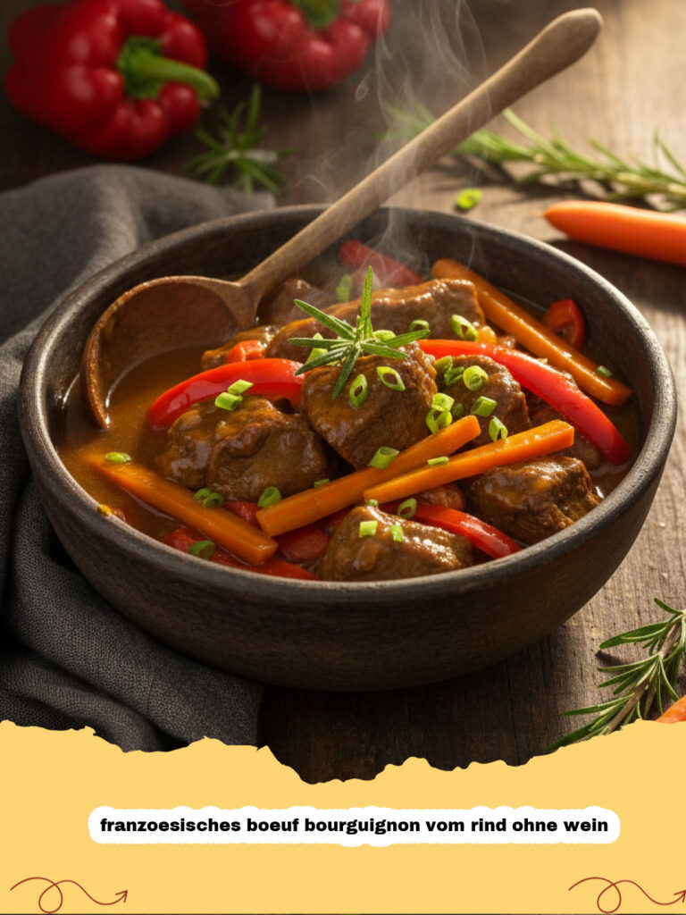 franzoesisches boeuf bourguignon vom rind ohne wein - Französisches Boeuf Bourguignon vom Rind ohne Wein in einem Schmortopf serviert