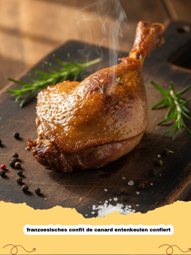 franzoesisches confit de canard entenkeulen confiert - Franzoesisches Confit de Canard Entenkeulen konfiert auf einem Teller mit Kartoffeln