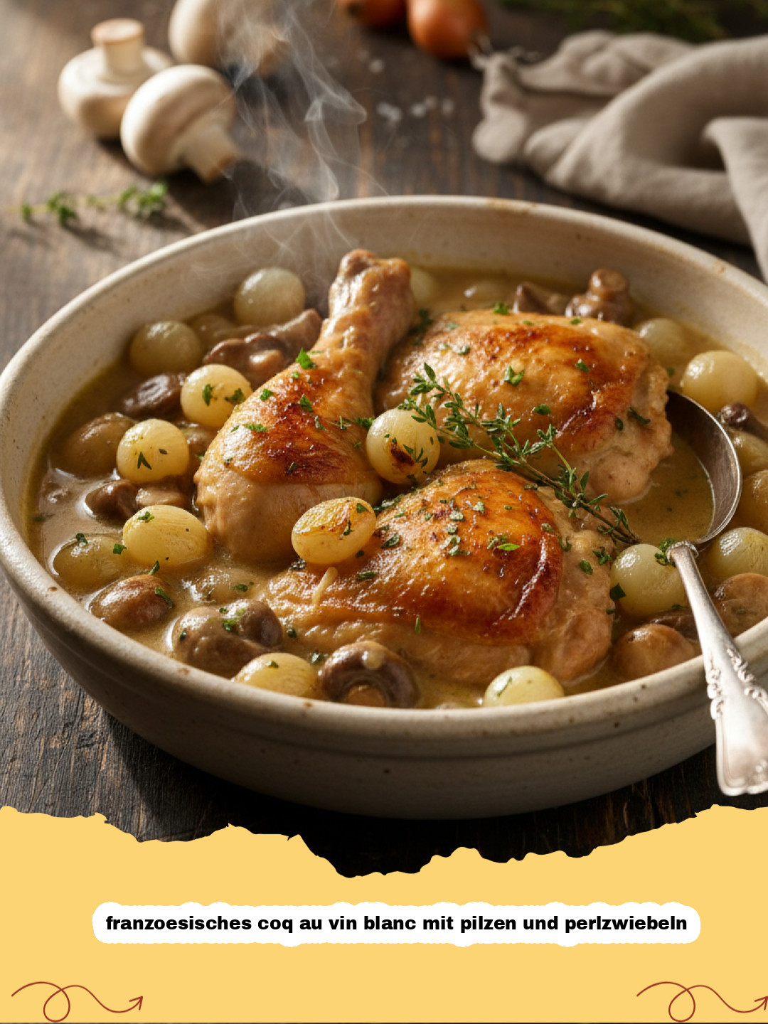 Franzoesisches Coq au Vin Blanc mit Pilzen und Perlzwiebeln: Ein weißes Schmorgericht für Genießer