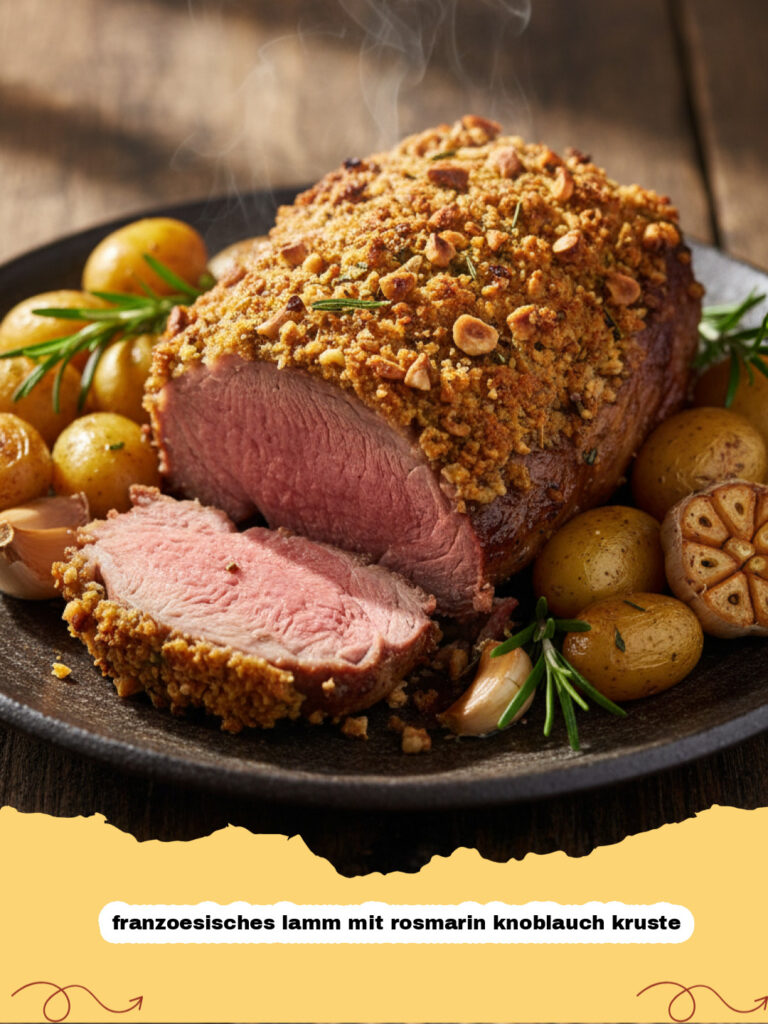 Saftiges franzoesisches lamm mit rosmarin knoblauch kruste auf einem Servierteller