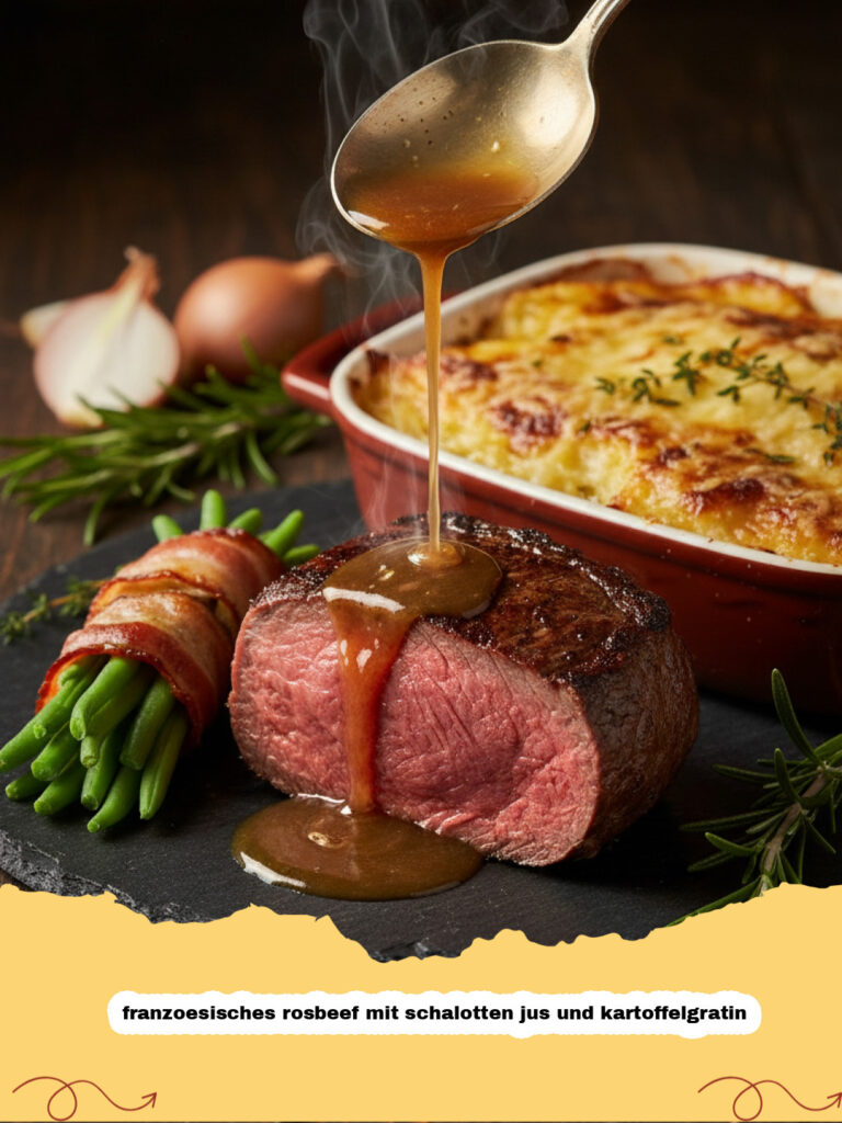 franzoesisches rosbeef mit schalotten jus und kartoffelgratin - Französisches Roastbeef mit Schalotten-Jus und cremigem Kartoffelgratin auf einem Teller serviert