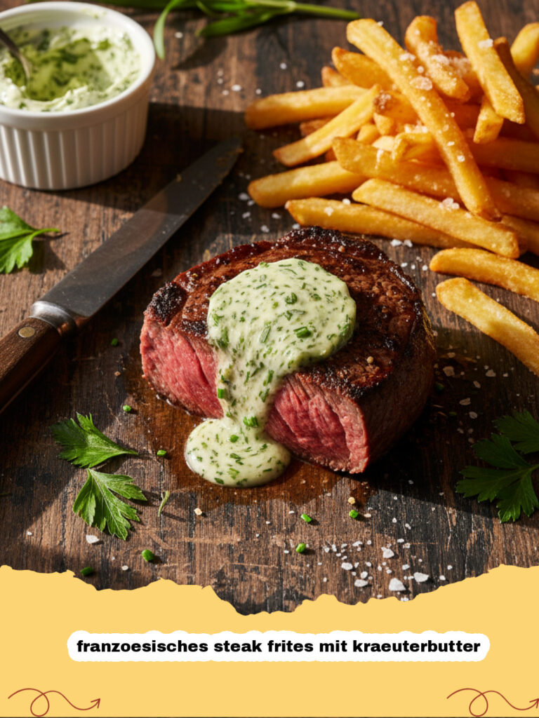 Ein saftiges franzoesisches steak frites mit kraeuterbutter auf einem weißen Teller mit goldenen Pommes frites.