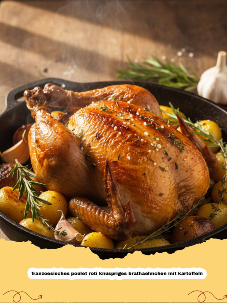 franzoesisches poulet roti knuspriges brathaehnchen mit kartoffeln - Ein goldbraun gebratenes franzoesisches poulet roti auf einem Bett aus Röstkartoffeln.