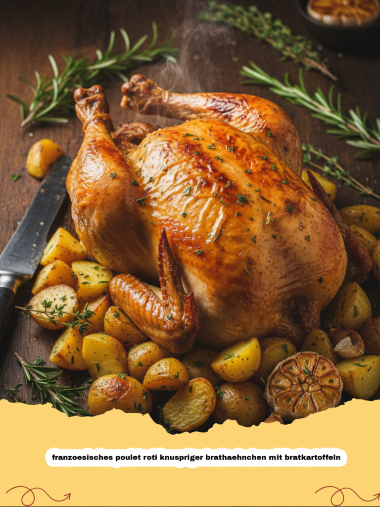 franzoesisches poulet roti knuspriger brathaehnchen mit bratkartoffeln - Ein knuspriges französisches Brathähnchen auf einer Platte mit goldbraunen Bratkartoffeln und frischen Kräutern