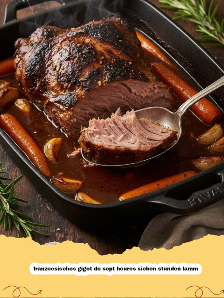 Saftiges franzoesisches gigot de sept heures sieben stunden lamm in einem dunklen gusseisernen Bräter mit Sauce