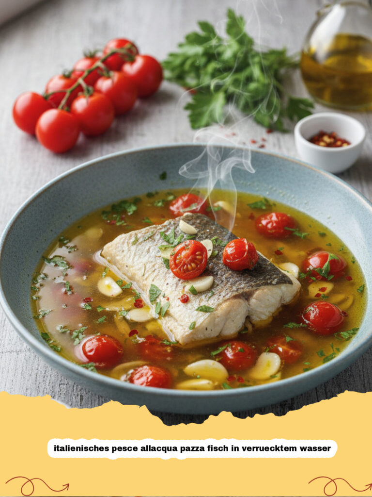italienisches pesce allacqua pazza fisch in verruecktem wasser - Italienisches Pesce all’Acqua Pazza in einer Pfanne mit Tomaten und Kräutern