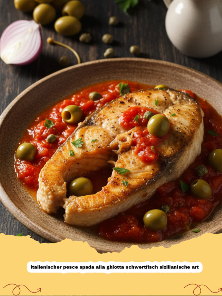 italienischer pesce spada alla ghiotta schwertfisch sizilianische art - Italienischer Pesce Spada alla Ghiotta Schwertfisch sizilianische Art auf einem Teller mit Tomatensauce