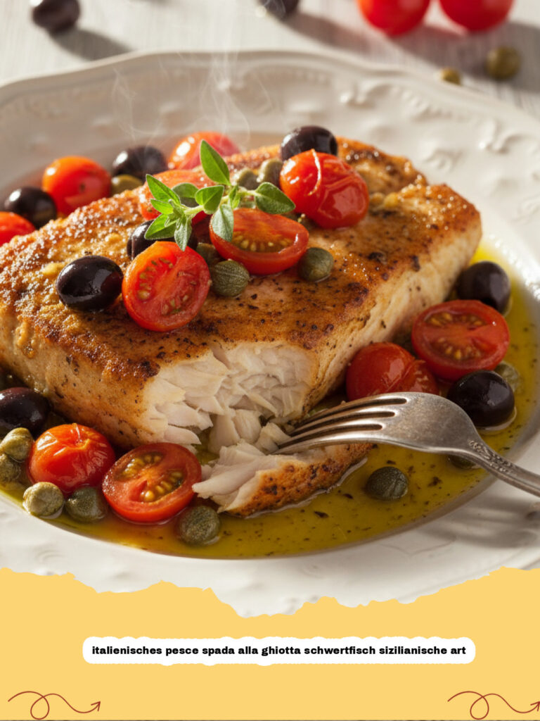 italienisches pesce spada alla ghiotta schwertfisch sizilianische art - Italienisches Pesce Spada alla Ghiotta Schwertfisch auf einem blauen Teller