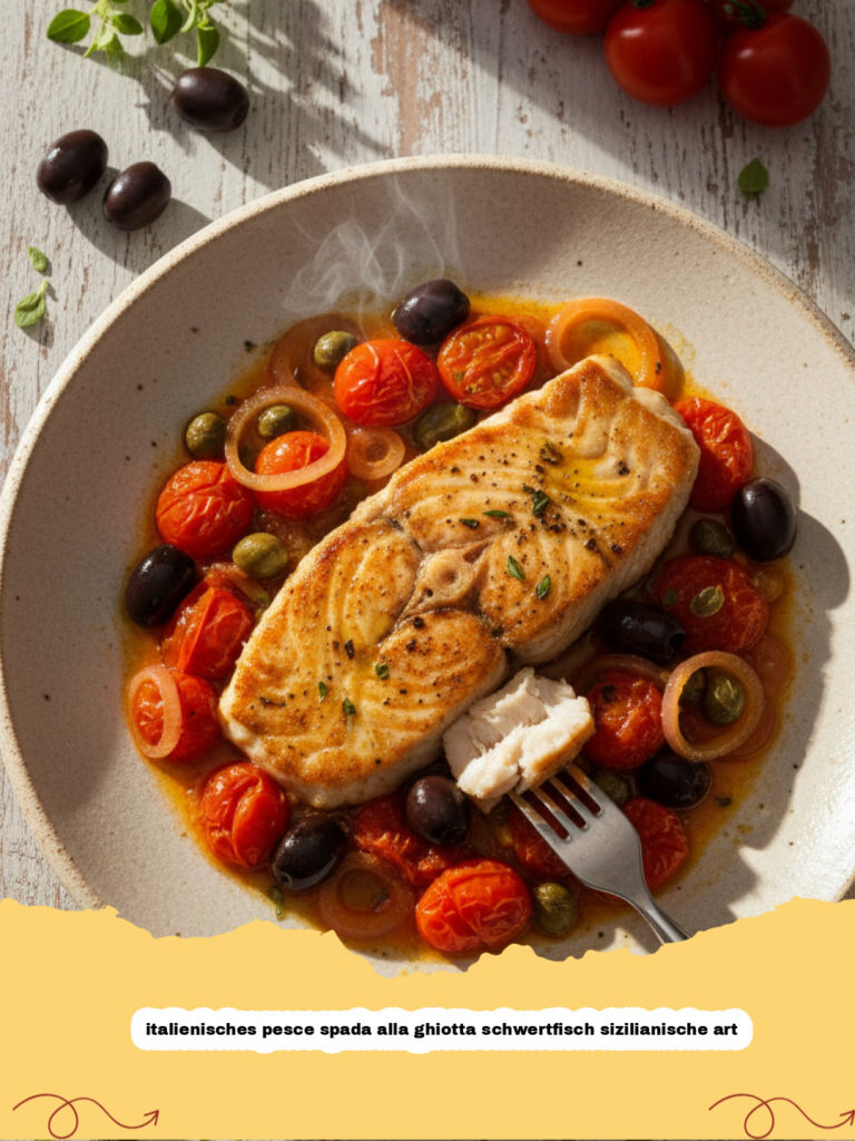 italienisches pesce spada alla ghiotta schwertfisch sizilianische art - Italienisches Pesce Spada alla Ghiotta auf einem Teller serviert mit Tomatensauce und Oliven