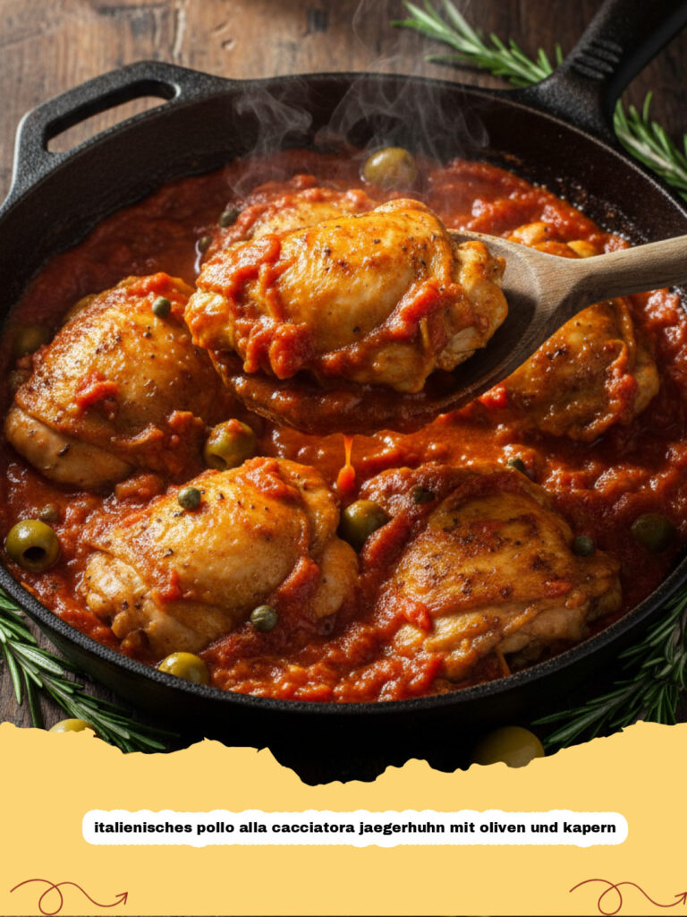 italienisches pollo alla cacciatora jaegerhuhn mit oliven und kapern - Italienisches Pollo alla Cacciatora Jägerhuhn in einer rustikalen Pfanne mit Oliven und Rosmarin