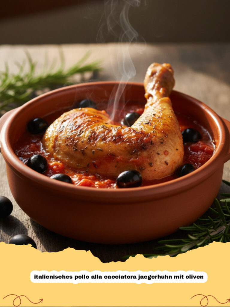 Ein Teller mit italienisches pollo alla cacciatora jaegerhuhn mit oliven, serviert mit Polenta.