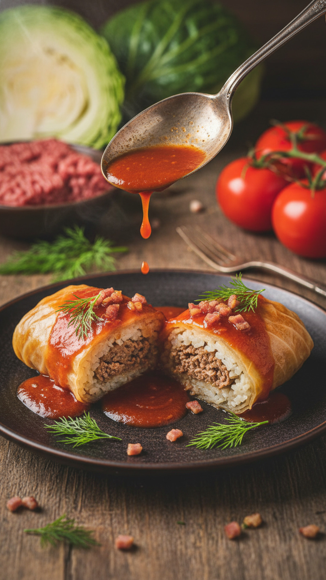Polnische Gołąbki Kohlrouladen mit Rinderhack und Tomatensosse Preparation