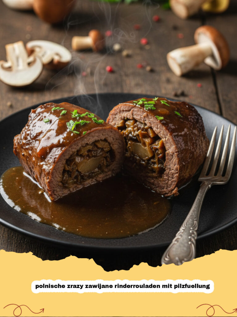Traditionelle polnische zrazy zawijane rinderrouladen mit pilzfuellung auf einem Teller mit dunkler Sauce.