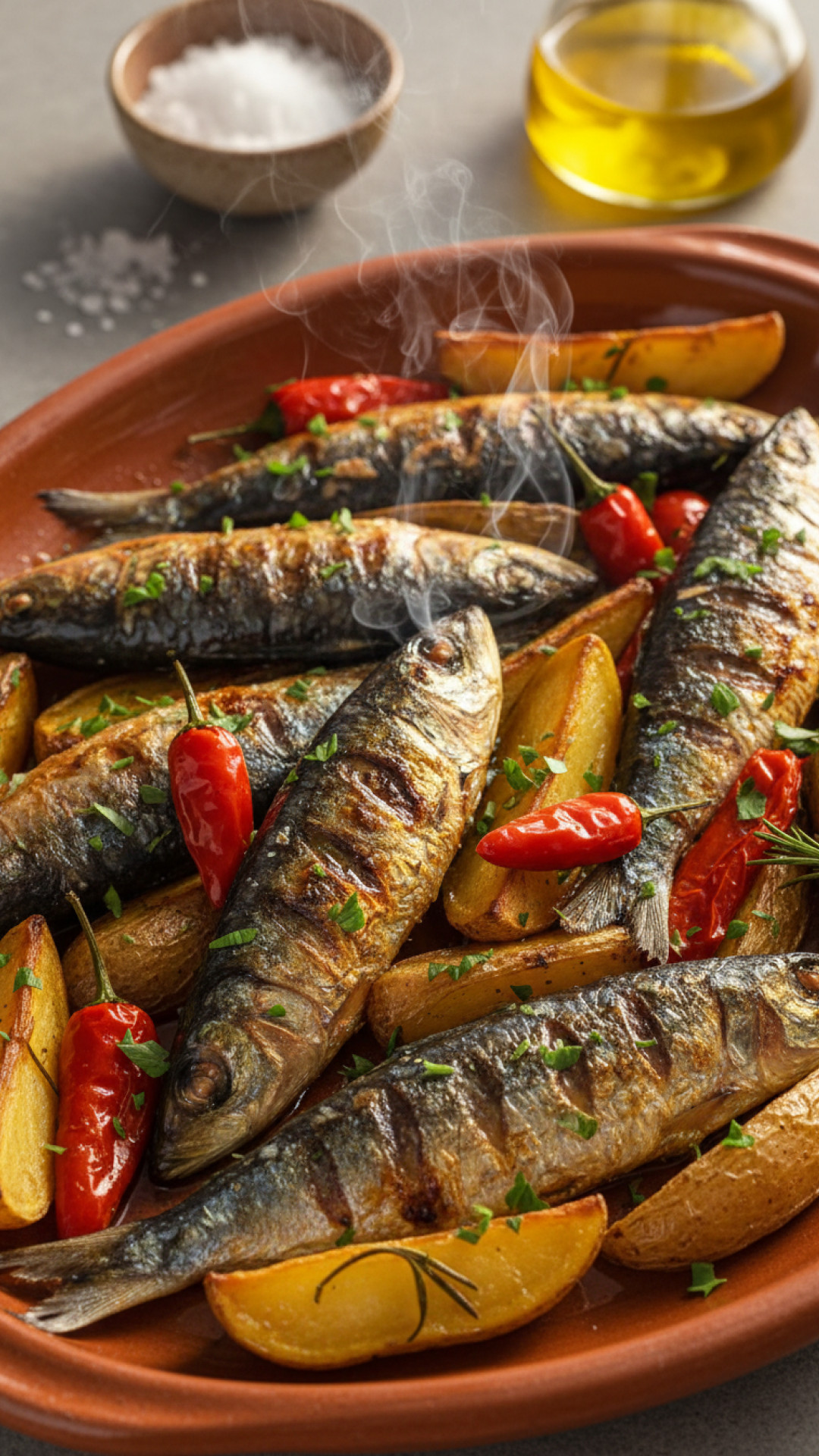 Portugiesische Sardinen vom Grill mit Paprika und Kartoffeln Preparation