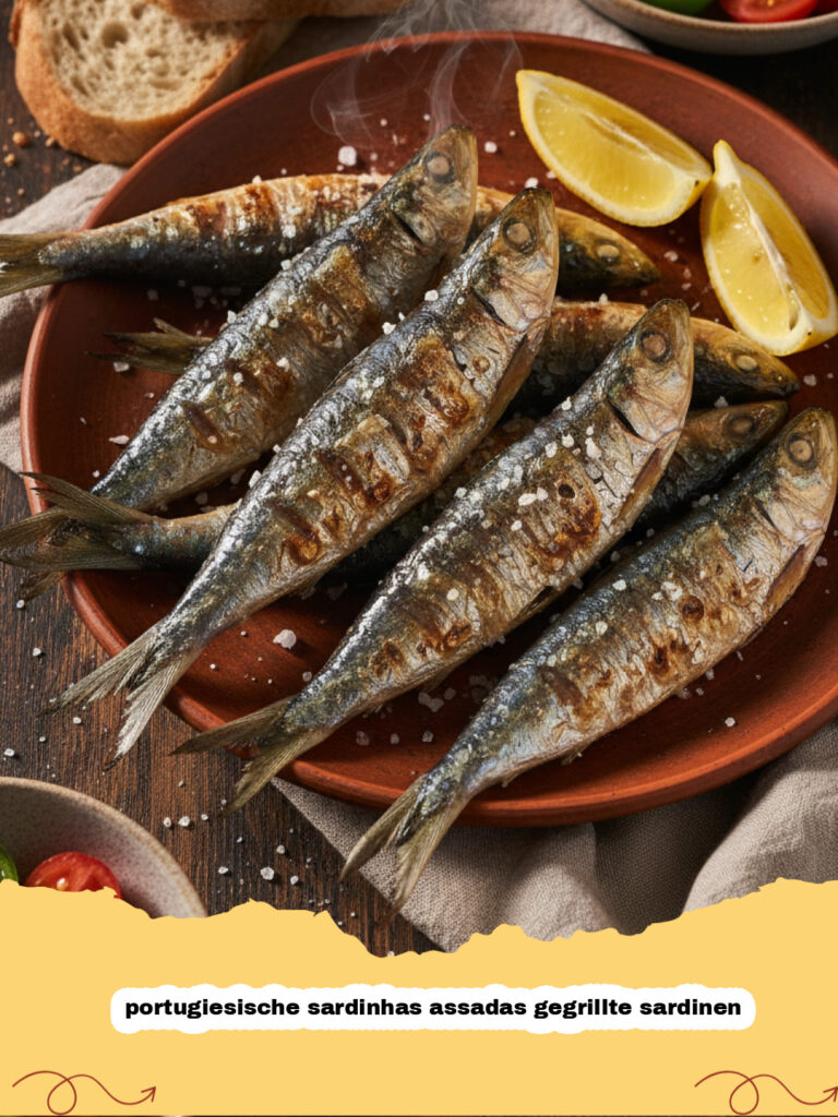 portugiesische sardinhas assadas gegrillte sardinen - Portugiesische Sardinhas Assadas gegrillte Sardinen auf einem Holzkohlegrill serviert mit Zitrone