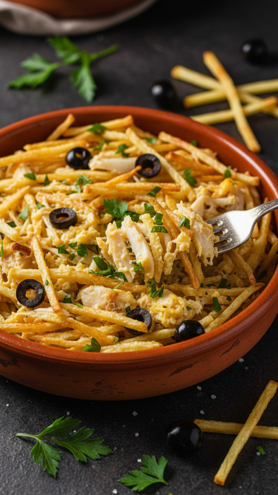 Portugiesischer Bacalhau a Brás: Stockfisch mit Kartoffeln und Ei Preparation