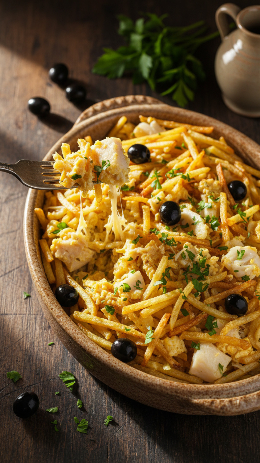 Portugiesischer Bacalhau à Brás: Stockfisch mit Kartoffeln und Ei Preparation