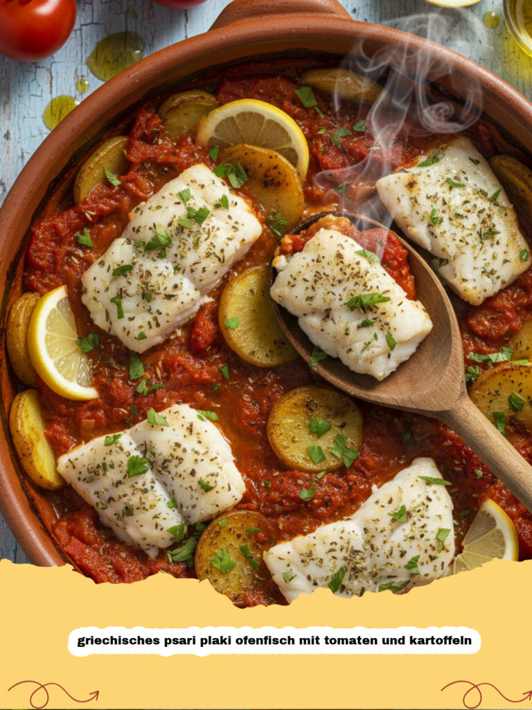 griechisches psari plaki ofenfisch mit tomaten und kartoffeln - Griechisches Psari Plaki Ofenfisch mit Tomaten und Kartoffeln in einer Auflaufform