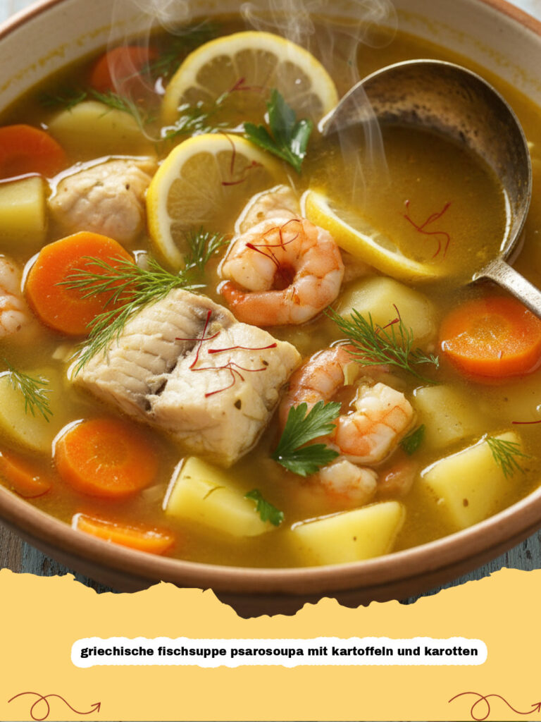 griechische fischsuppe psarosoupa mit kartoffeln und karotten - Griechische Fischsuppe Psarosoupa in einer weißen Schüssel mit Zitrone und Petersilie