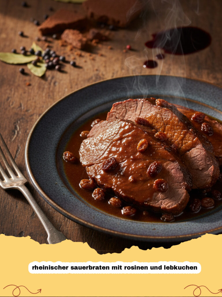 rheinischer sauerbraten mit rosinen und lebkuchen - Ein Teller mit zartem rheinischem Sauerbraten, dunkler Rosinenso&szlig;e und Kl&ouml;&szlig;en.