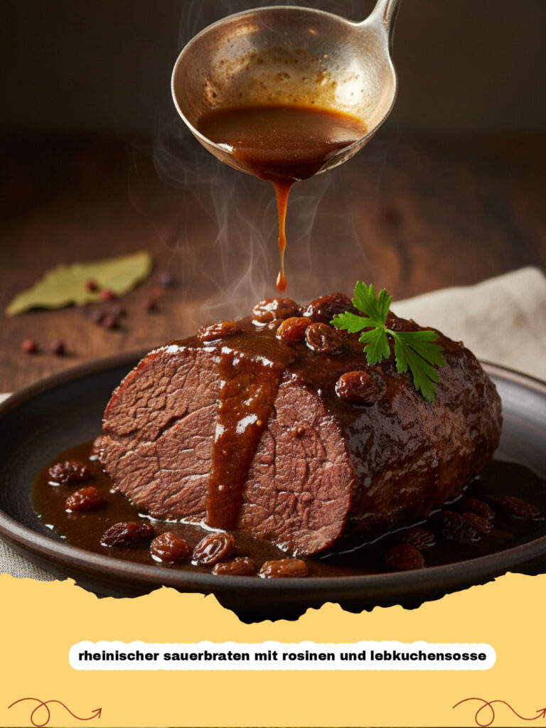 Ein Teller mit rheinischer sauerbraten mit rosinen und lebkuchensosse, serviert mit Klößen und Rotkohl.