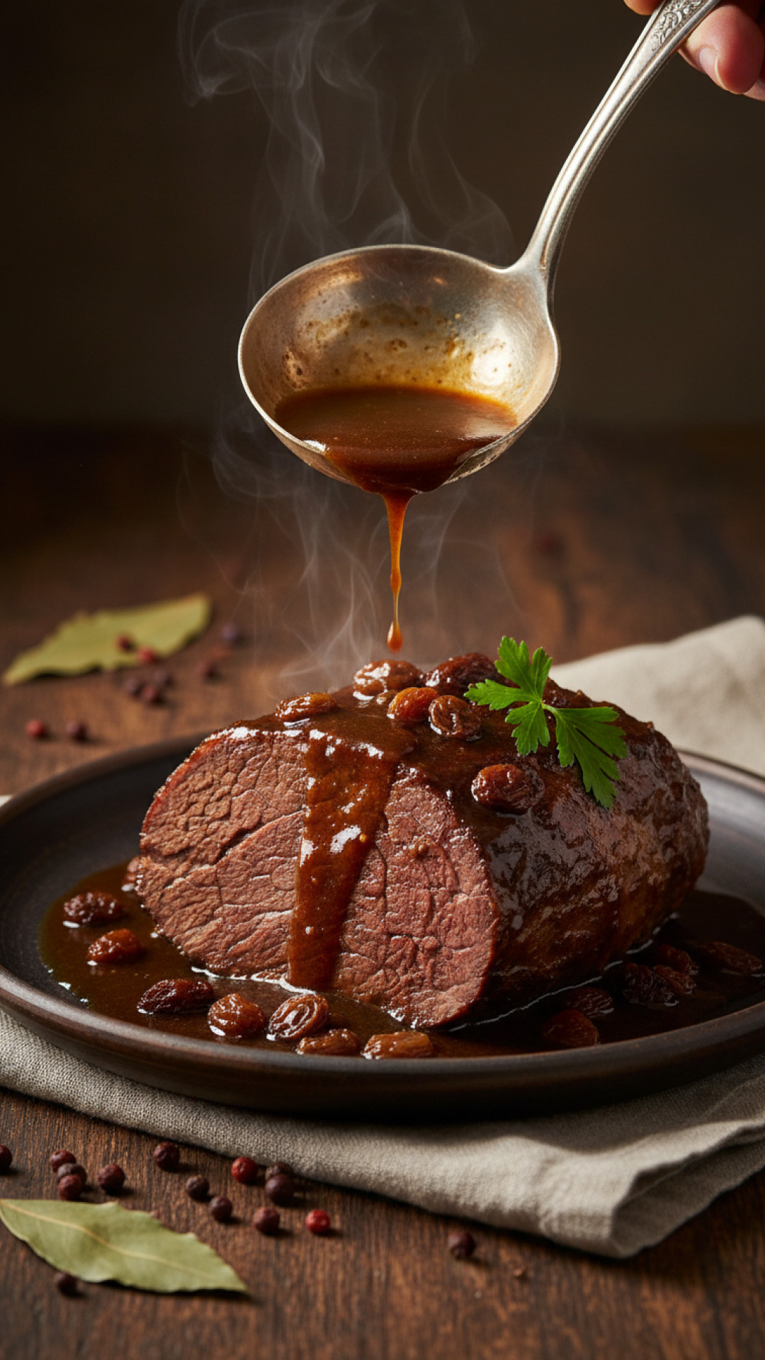 Rheinischer Sauerbraten mit Rosinen und Lebkuchensosse Preparation