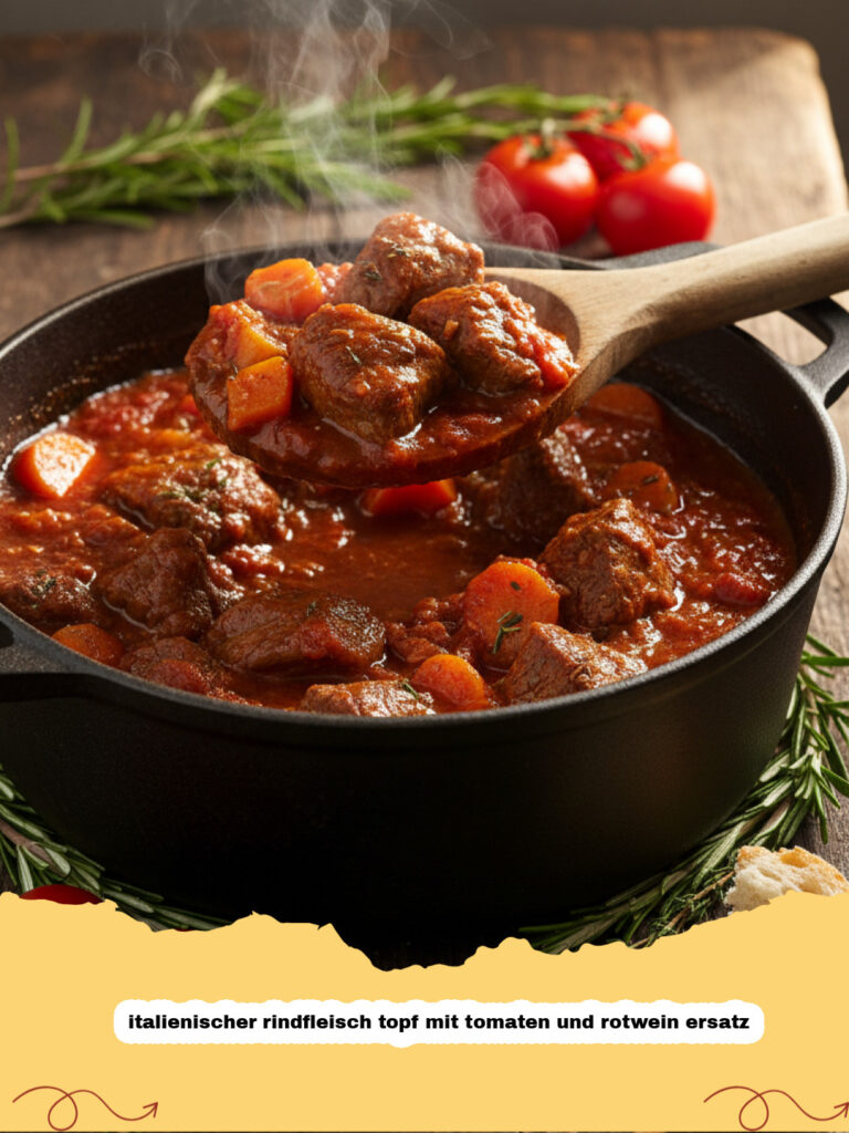 italienischer rindfleisch topf mit tomaten und rotwein ersatz - Italienischer Rindfleischtopf in einem dunklen Schmortopf mit frischen Kräutern