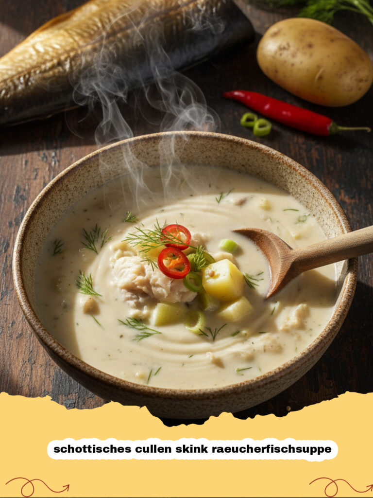 Schüssel mit schottisches cullen skink raeucherfischsuppe garniert mit Schnittlauch