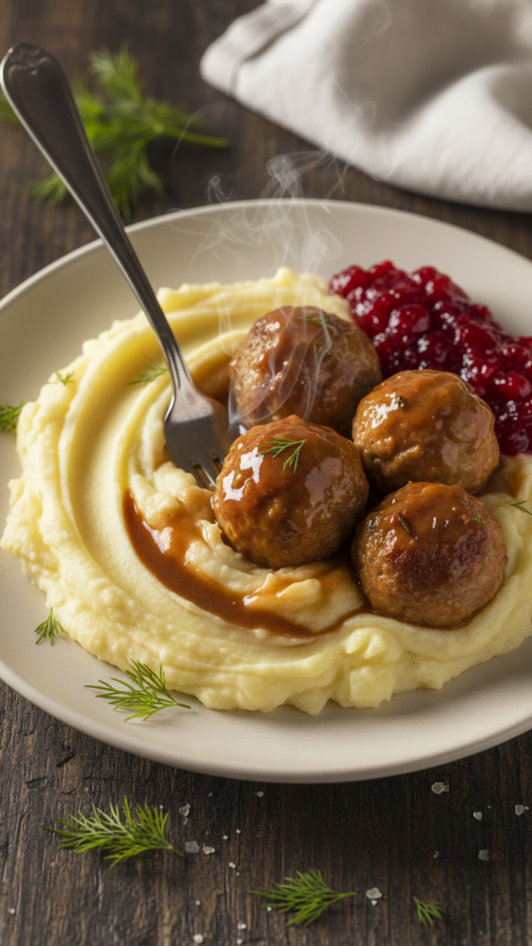 Schwedische Köttbullar mit Preiselbeeren und Kartoffelpüree Preparation