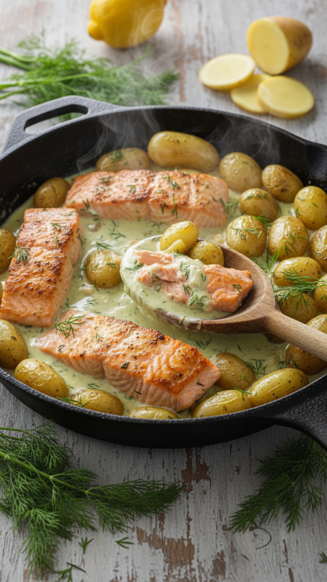 Schwedische Lachs Pfanne mit Dill und Sahne Preparation