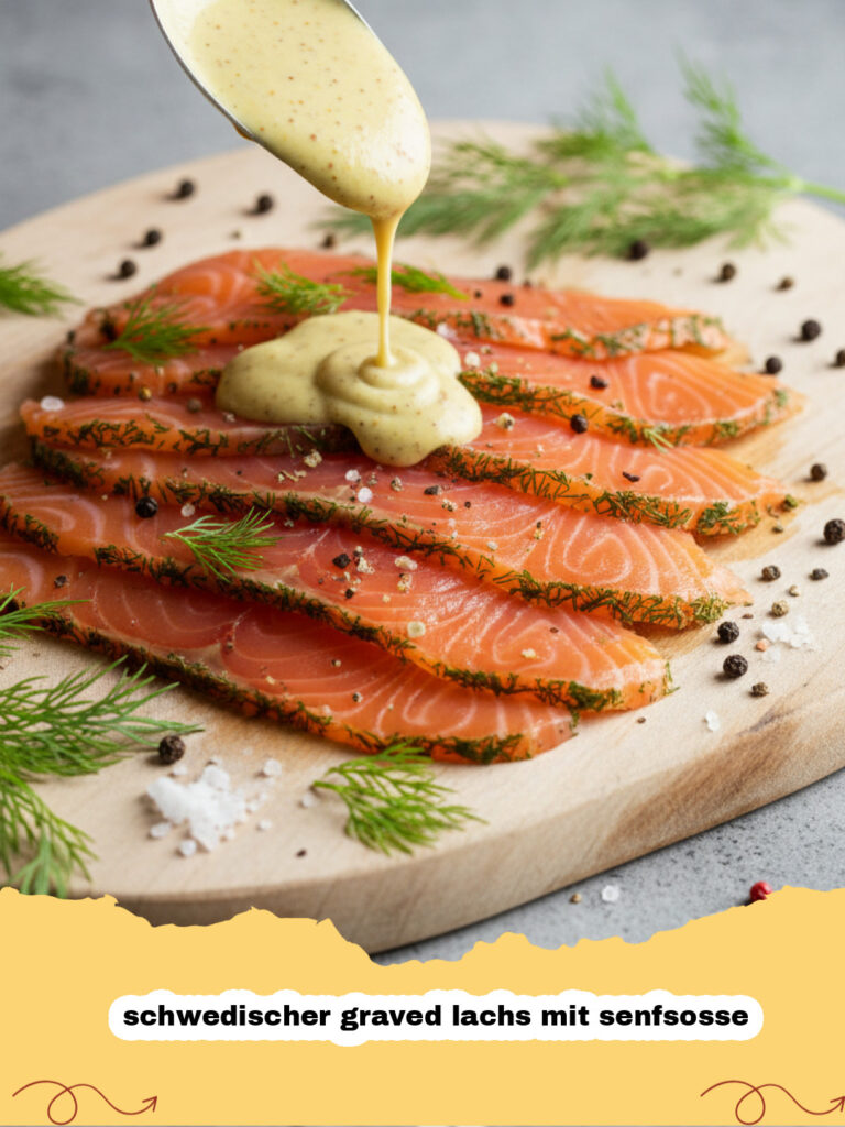 schwedischer graved lachs mit senfsosse - Schwedischer graved Lachs dünn aufgeschnitten mit Senf-Dill-Soße auf einem Holzteller