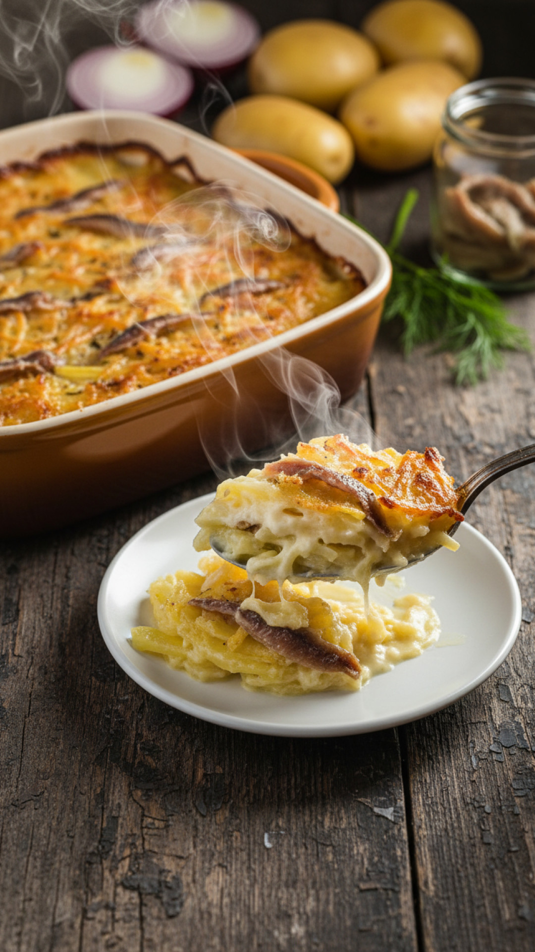 Schwedischer Janssons Frestelse mit Kartoffeln und Anchovis Preparation