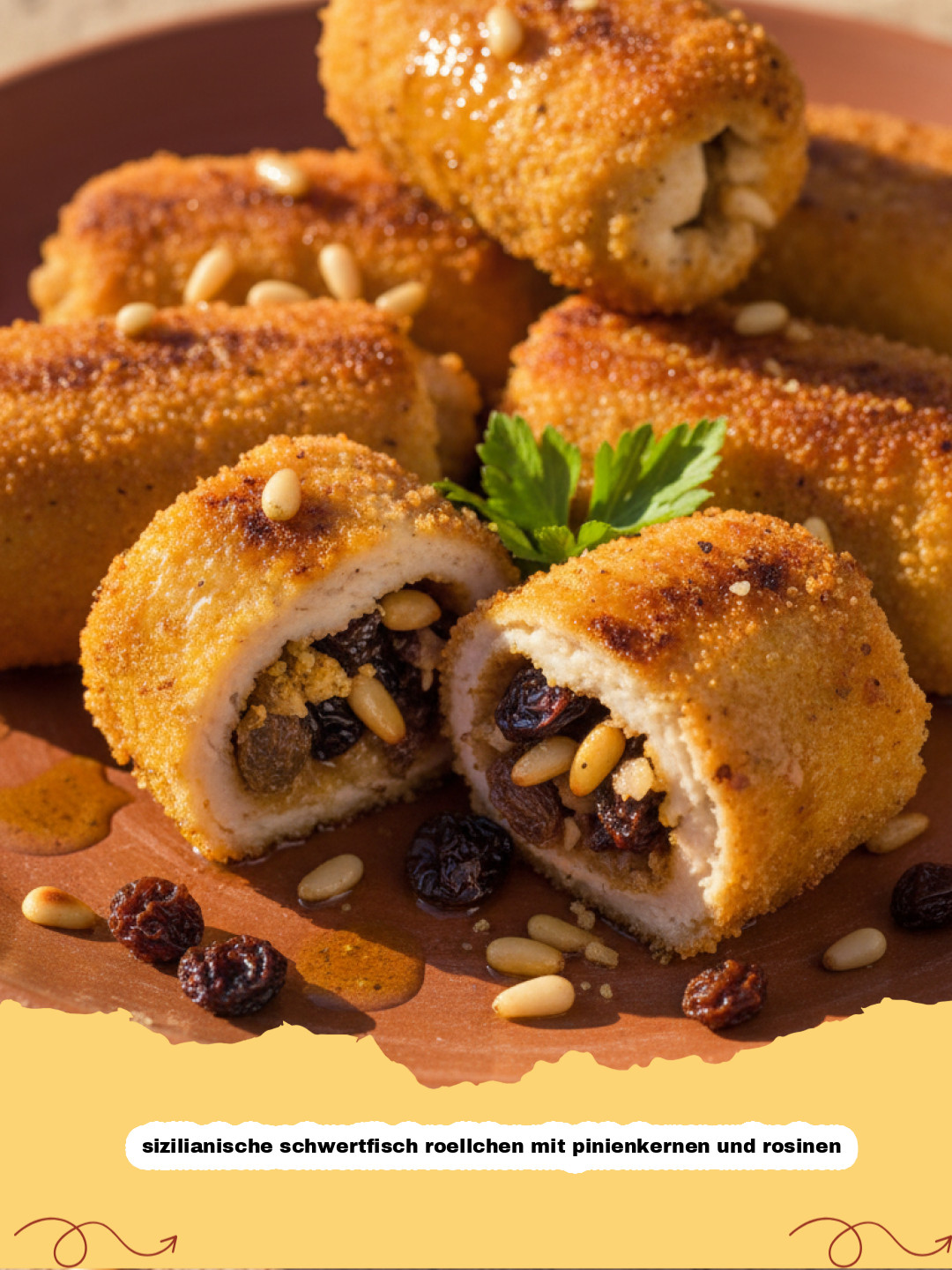 Sizilianische Schwertfisch Röllchen mit Pinienkernen und Rosinen