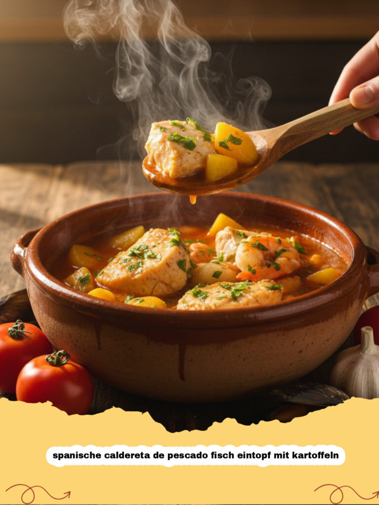 spanische caldereta de pescado fisch eintopf mit kartoffeln - Spanische Caldereta de Pescado Fisch-Eintopf mit Kartoffeln in einem Tontopf serviert