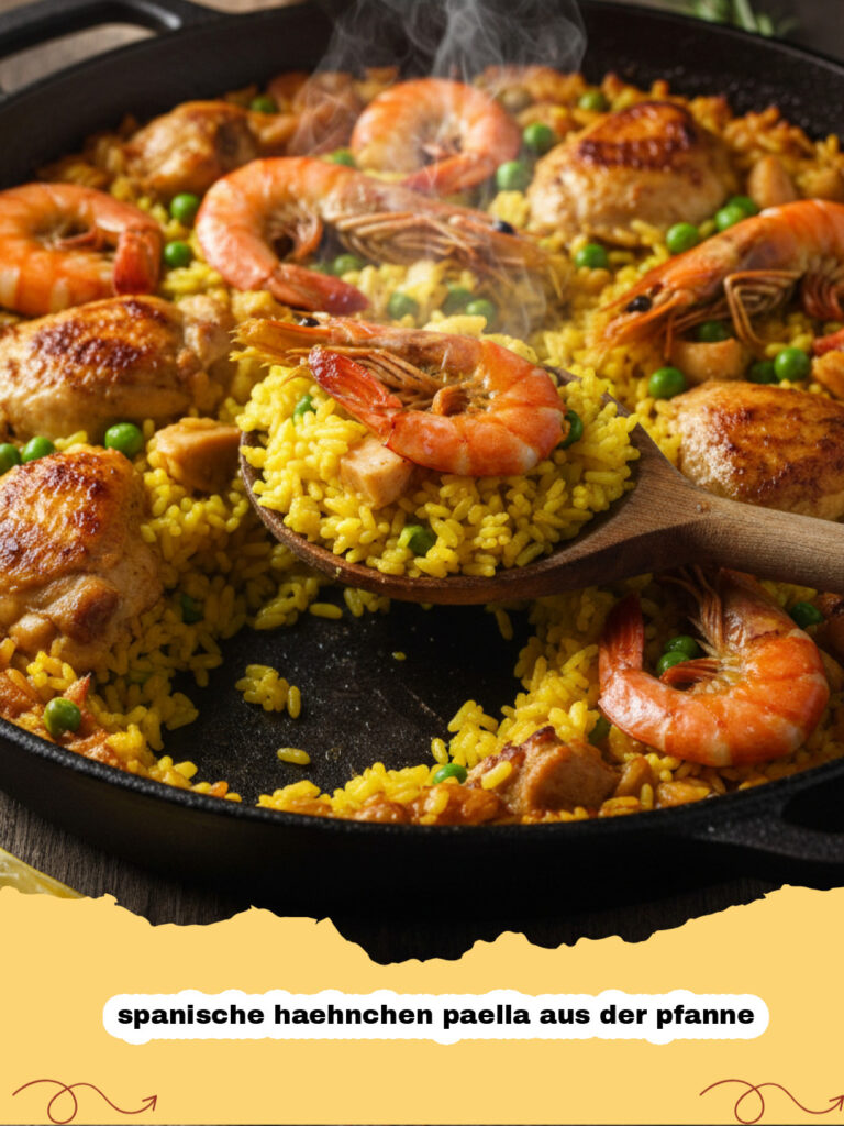 spanische haehnchen paella aus der pfanne - Authentische spanische Hähnchen Paella in einer traditionellen Pfanne