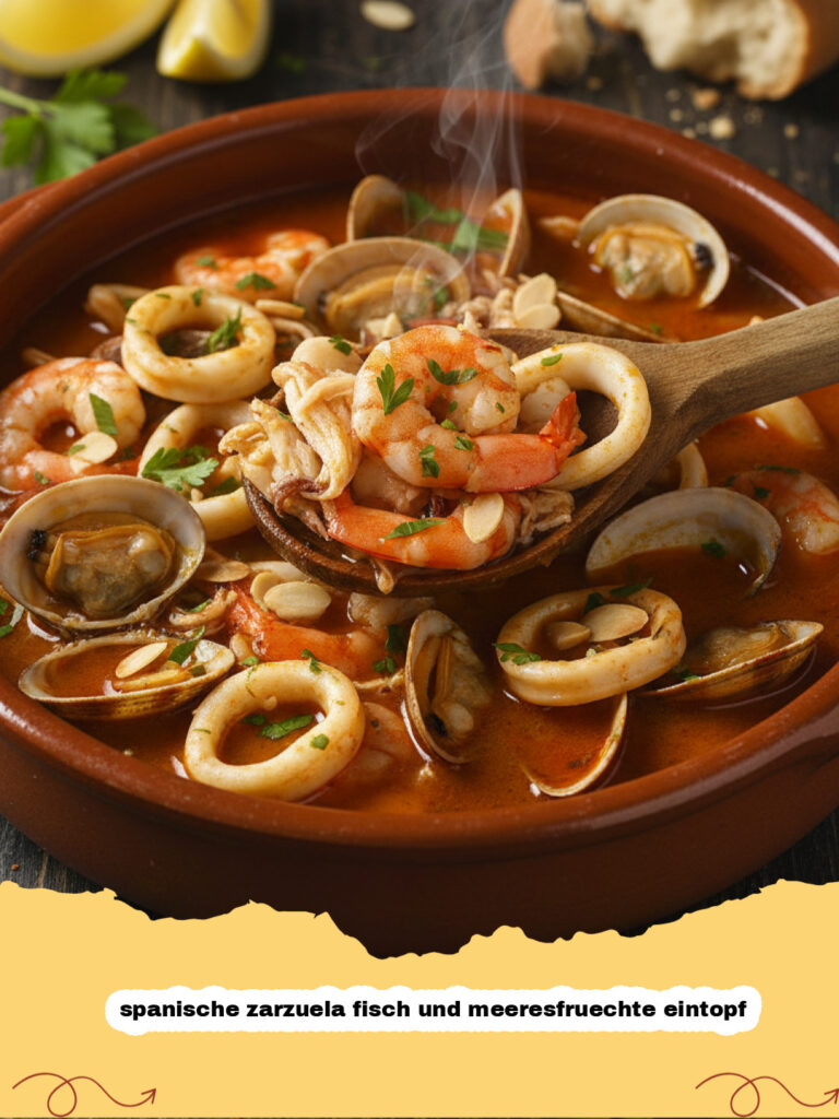 Ein dampfender spanische zarzuela fisch und meeresfruechte eintopf in einer Tontopf-Cazuela mit Garnelen und Muscheln.