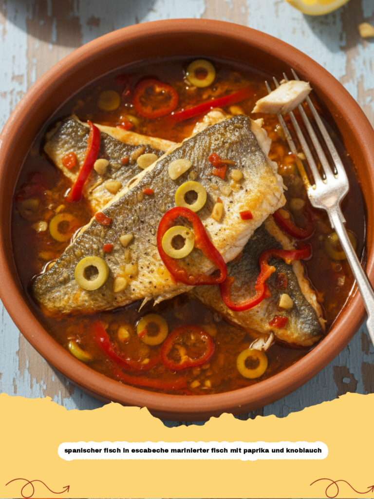 spanischer fisch in escabeche marinierter fisch mit paprika und knoblauch - Spanischer Fisch in Escabeche mit Paprika und Knoblauch in einer Glasschale serviert