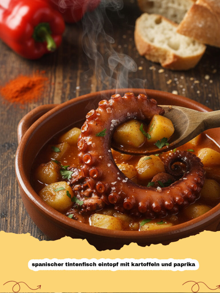 spanischer tintenfisch eintopf mit kartoffeln und paprika - Ein dampfender spanischer Tintenfisch Eintopf mit Kartoffeln und Paprika in einer Tonschale.
