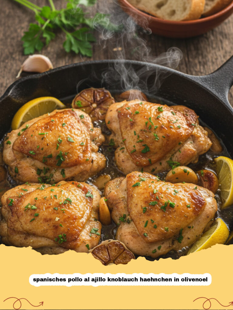 spanisches pollo al ajillo knoblauch haehnchen in olivenoel - Spanisches Pollo al Ajillo Knoblauch-Hähnchen in Olivenöl in einer traditionellen Pfanne