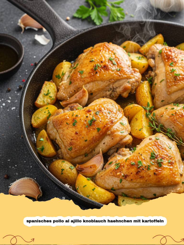 spanisches pollo al ajillo knoblauch haehnchen mit kartoffeln - Spanisches Pollo al Ajillo Knoblauch Haehnchen mit Kartoffeln in einer gusseisernen Pfanne