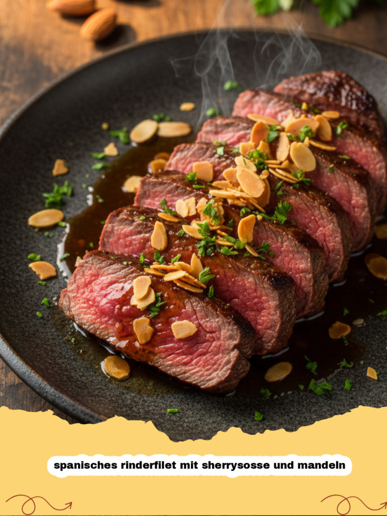 spanisches rinderfilet mit sherrysosse und mandeln - Saftiges spanisches Rinderfilet mit einer glänzenden Sherrysauce und knackigen Mandeln auf einem dunklen Teller