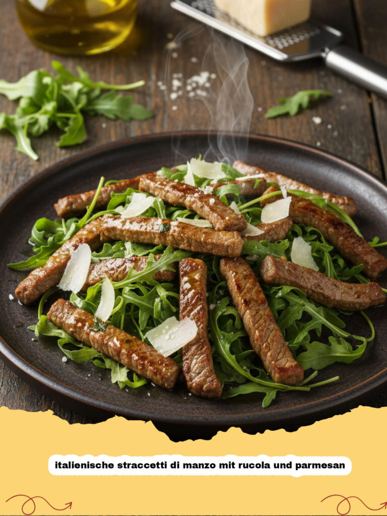 italienische straccetti di manzo mit rucola und parmesan - Italienische Straccetti di Manzo mit Rucola und Parmesan auf einem weißen Teller