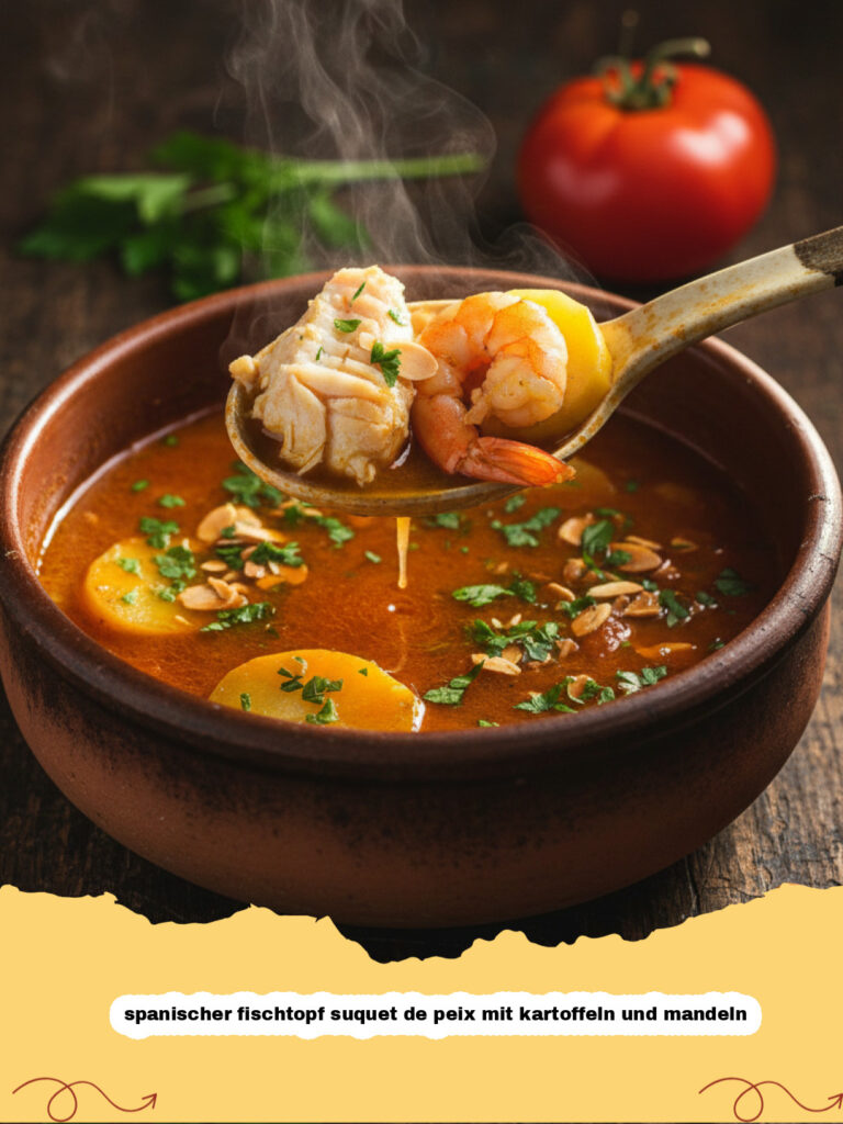 spanischer fischtopf suquet de peix mit kartoffeln und mandeln - Spanischer Fischtopf Suquet de Peix mit Kartoffeln und Mandeln in einer traditionellen Tonschale