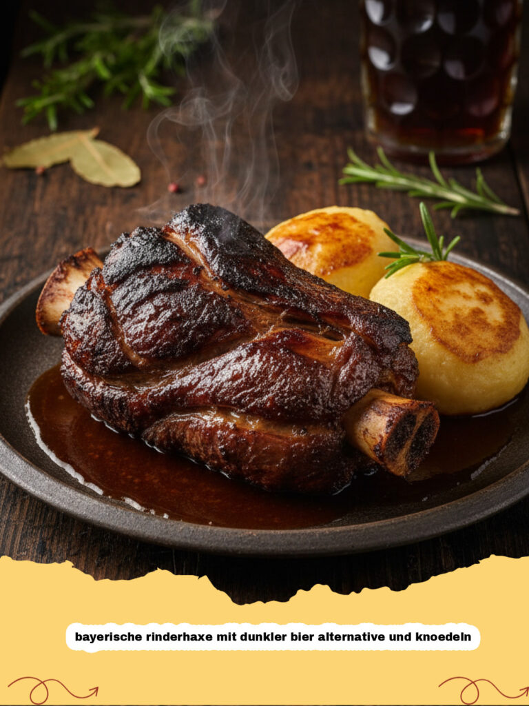 Saftige bayerische rinderhaxe mit dunkler bier alternative und knoedeln auf einem rustikalen Teller serviert.