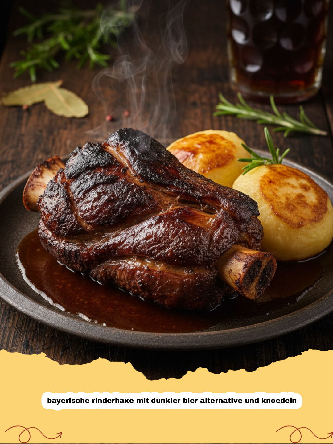 Bayerische Rinderhaxe mit dunkler Bier-Alternative und Knödeln: Ein bayerischer Klassiker