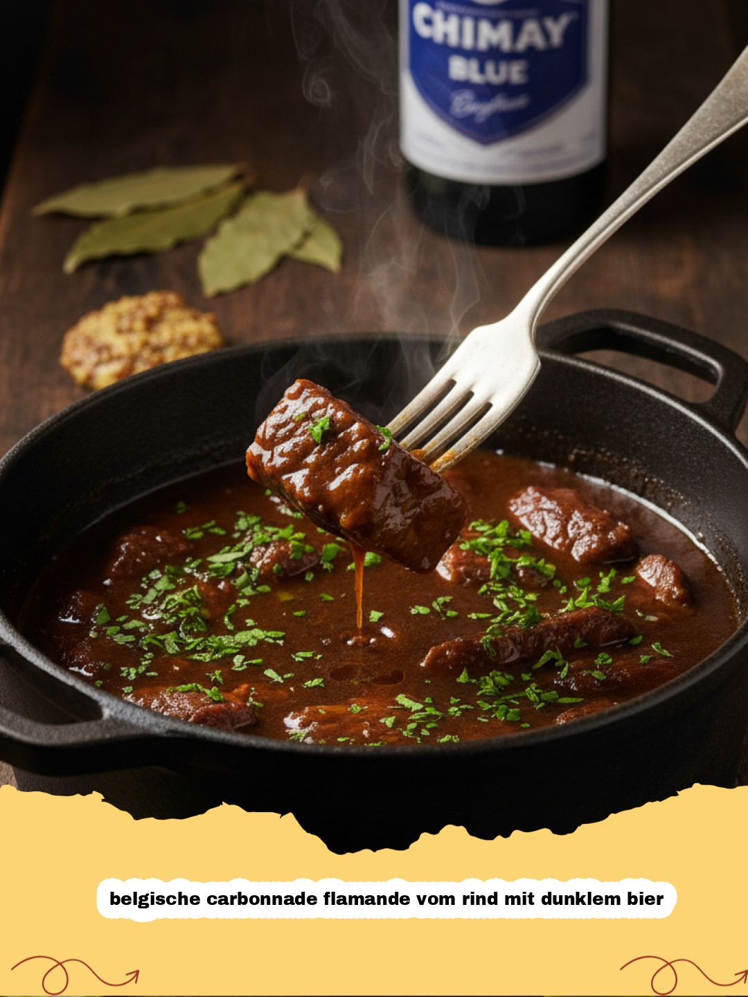 Ein Teller belgische carbonnade flamande vom rind mit dunklem bier mit Pommes