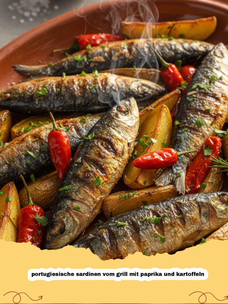 portugiesische sardinen vom grill mit paprika und kartoffeln - Portugiesische Sardinen vom Grill mit Paprika und Kartoffeln auf einer Servierplatte