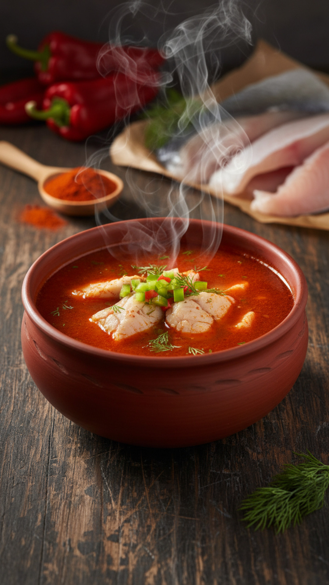 Traditionelle ungarische fischsuppe halaszle mit suesswasserfisch Preparation