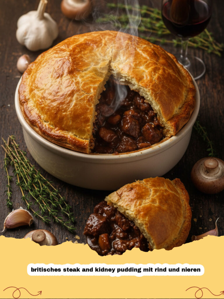 Ein dampfender britisches steak and kidney pudding mit rind und nieren auf einem Teller serviert mit Sauce